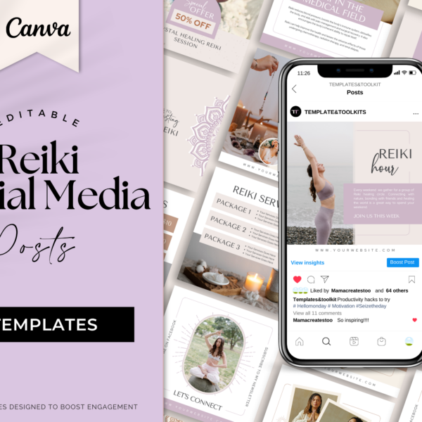 Reiki social media posts template- 50 templates  (Purple Instagram)