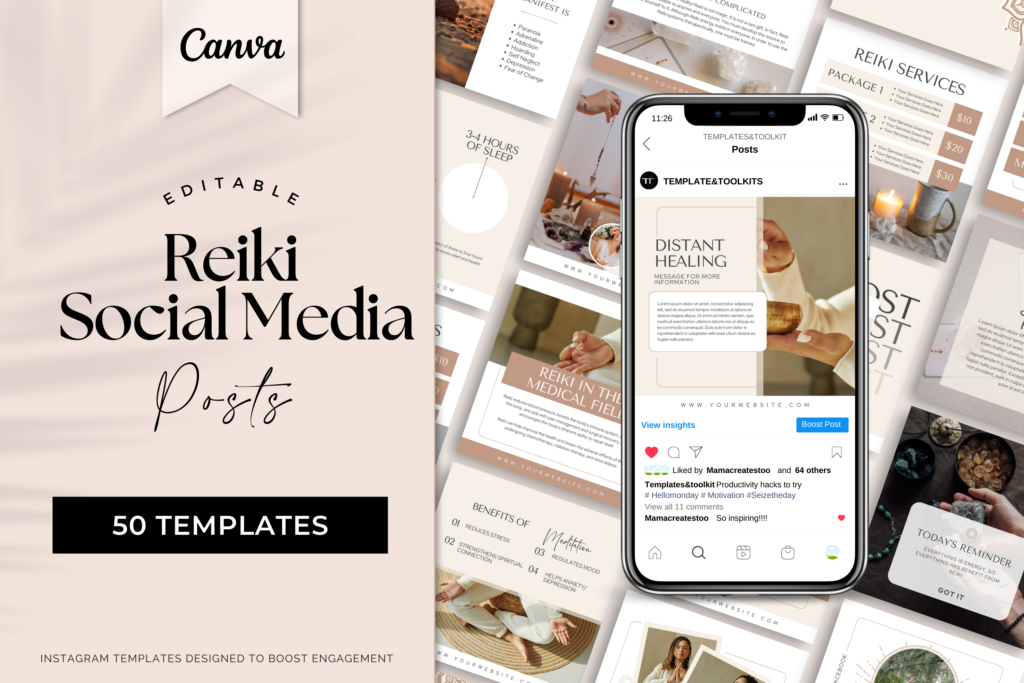 Reiki Social Media Posts Template - Spiritual Coach and Wellness ( 50 Post Templates )