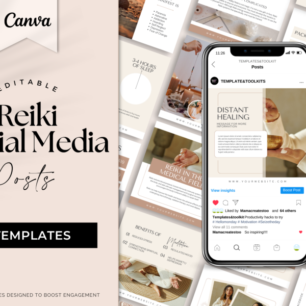Reiki Social Media Posts Template - Spiritual Coach and Wellness  ( 50 Post Templates )