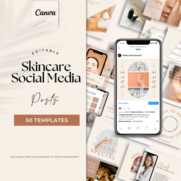 50 Skincare Instagram Templates ( Editable in canva, Easy to edit)